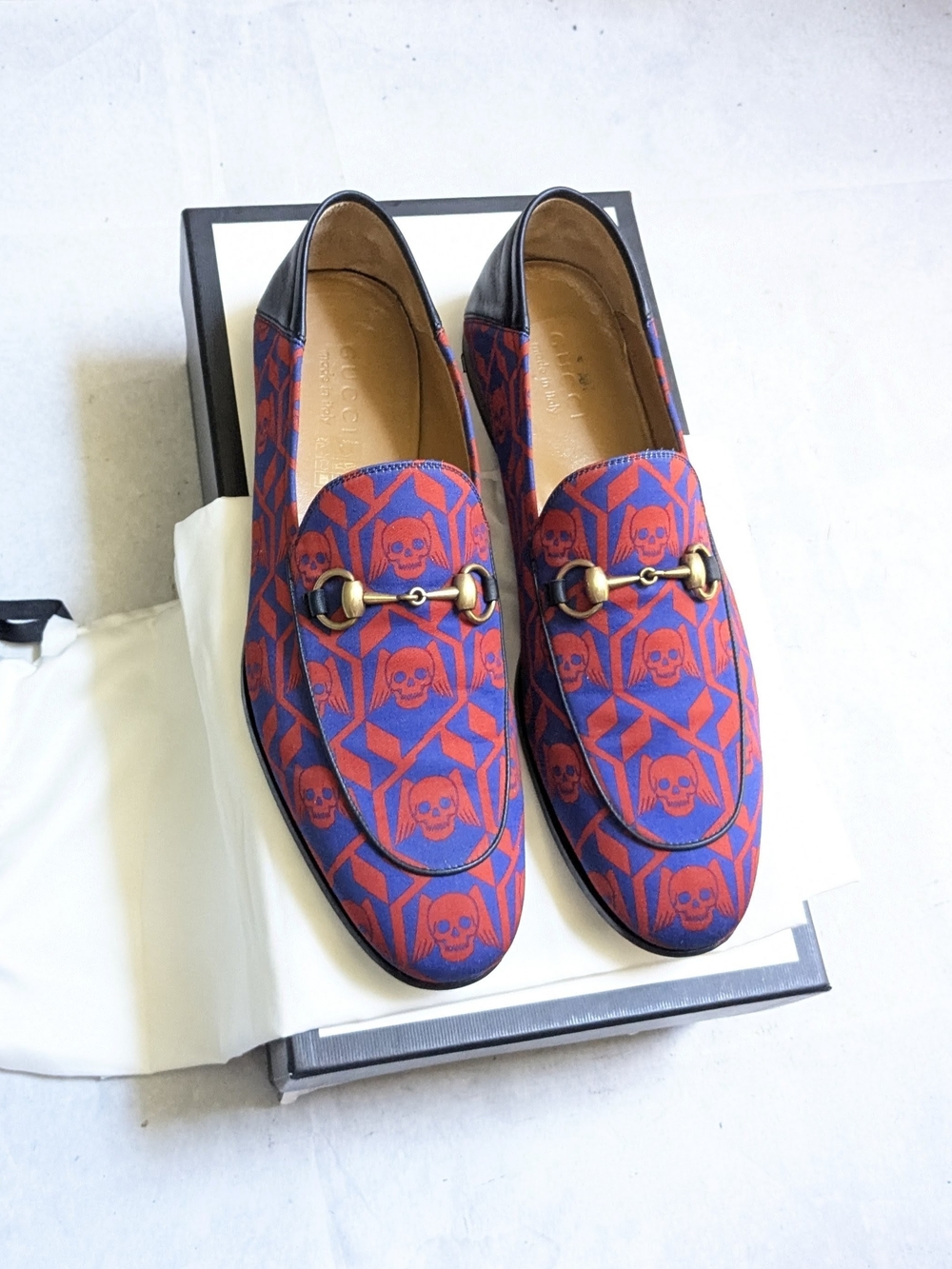 Gucci Horsebit Loafers Red Blue Men's 9.5 US Skull Wings Leather Snaffle
